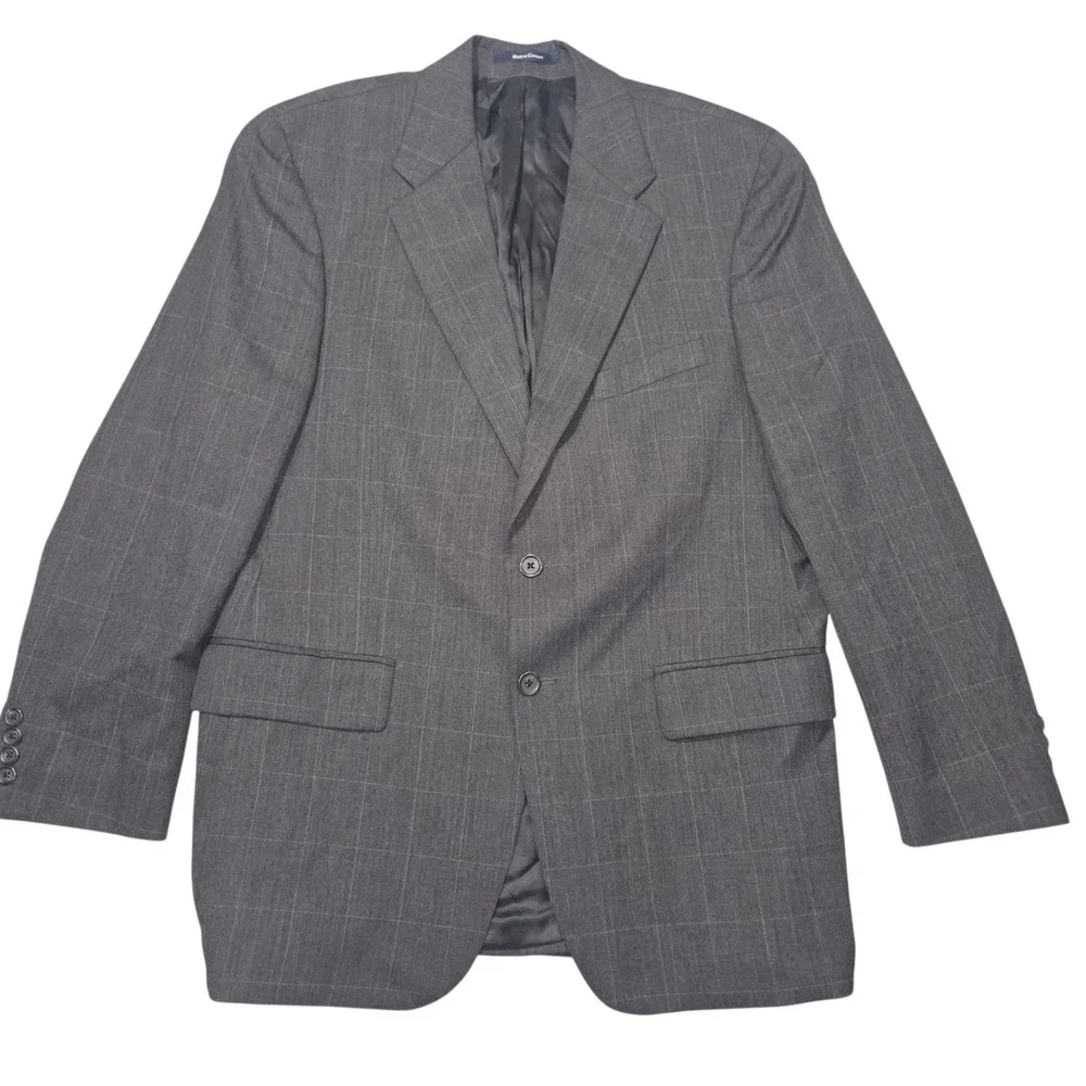 VTG Chaps Ralph Lauren Windowpane Wool Blazer Jacket Grey Sz 42R